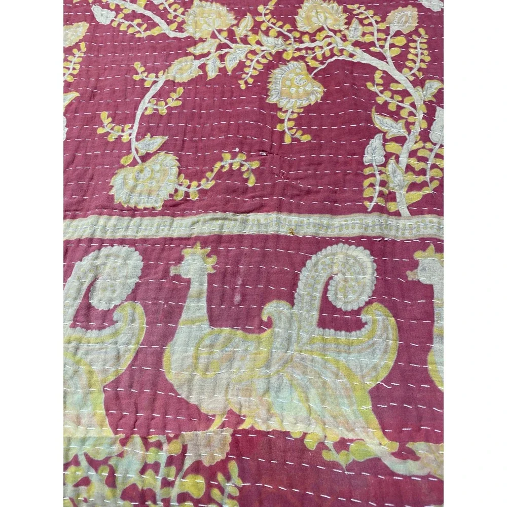 Handstitched Kantha Quilt Reversible Cotton Throw Peacock Paisley Burgundy Red